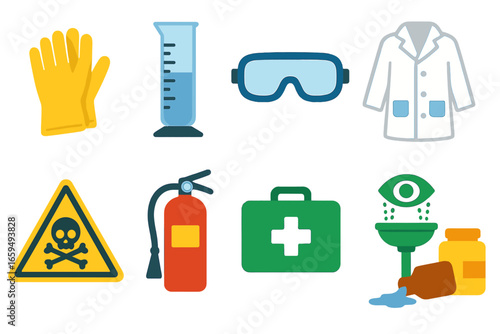 Lab Safety Icons. Flat vector mini-illustrations graduated cylinder safety in colors children's illustrations: safety gloves,