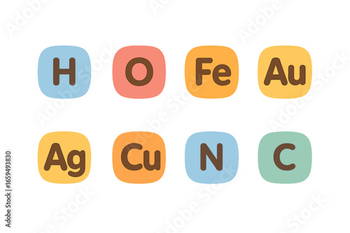 Colorful Chemical Icons. Flat vector mini-illustrations periodic table symbols in colors children's illustrations: chemical symbol