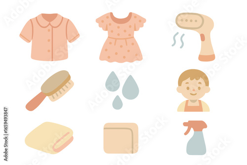 Children's Steaming Essentials. Flat vector mini-illustrations delicate fabric steaming in colors children's illustrations: silk