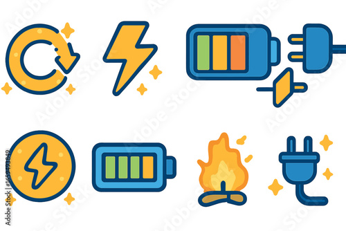 Colorful Charging Icons. Flat vector mini-illustrations charging status in colors children's illustrations: full battery, low