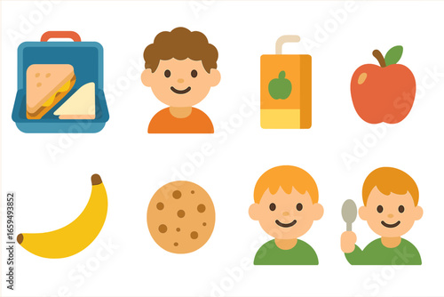 Children's Snack Time. Flat vector mini-illustrations lunchbox and snack time in colors children's illustrations: lunchbox with