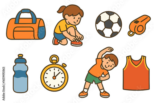 Children's Sports Gear. Flat vector mini-illustrations sports gear for PE class in colors children's illustrations: gym bag, child