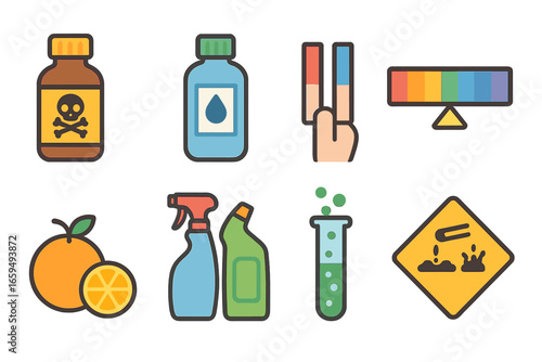 Colorful Chemistry Icons. Flat vector mini-illustrations acids and bases in colors children's illustrations: hydrochloric acid