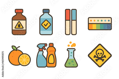 Colorful Chemistry Icons. Flat vector mini-illustrations acids and bases in colors children's illustrations: hydrochloric acid