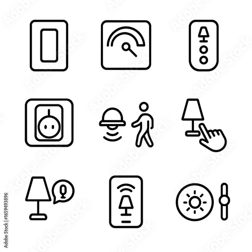 Lamp Controls Icons. Outline icon set of lamp controls: switch, dimmer, remote control, timer, motion sensor, touch sensor, voice
