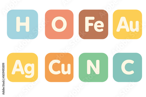 Colorful Chemical Icons. Flat vector mini-illustrations periodic table symbols in colors children's illustrations: chemical symbol