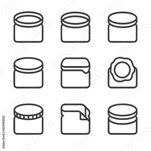 Lid Sealing Icons. Outline icon set of lid sealing types: silicone seal, rubber gasket, foam liner, plastic liner, foil seal, wax
