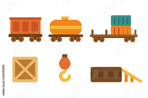 Children's Train Icons. Flat vector mini-illustrations Freight train cars in colors children's illustrations: boxcar, tanker wagon