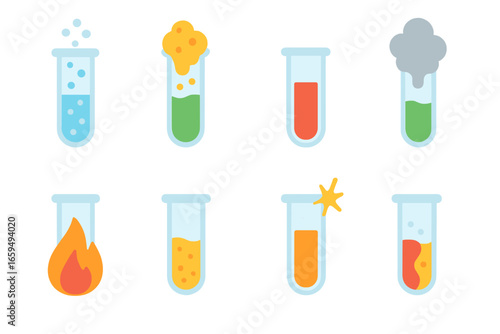 Colorful Chemistry Reactions. Flat vector mini-illustrations test tube reactions in colors children's illustrations: fizzing
