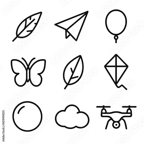 Lightweight Icon Set. Outline icon set of lightweight objects: feather, paper plane, balloon, butterfly, leaf, kite, bubble,