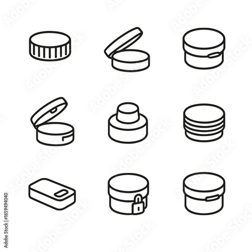 Lid Types Icons. Outline icon set of lid types: screw cap, flip lid, snap-on lid, hinged lid, push button lid, threaded lid,