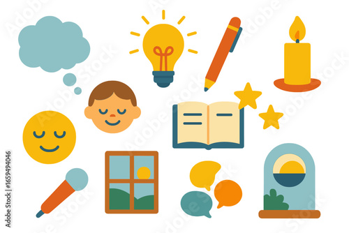 Colorful Children's Icons. Flat vector mini-illustrations closing reflections in colors children's illustrations: thought bubble,