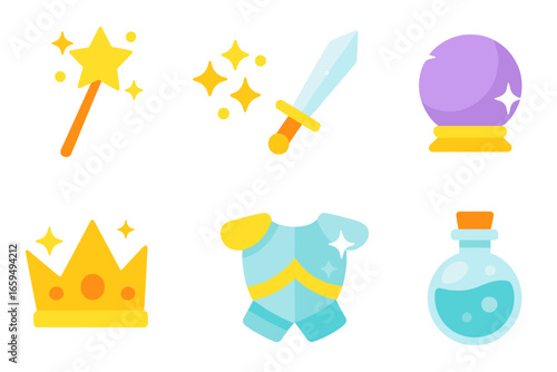 Magic Fantasy Icons. Flat vector mini-illustrations shiny fantasy in colors children's illustrations: magic wand, fairy dust,
