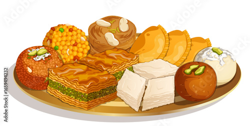 Celebratory Sweets Platter - Gulab Jamun, Rasgulla, Burfi, Baklava, Motichoor, Boondi Ladoos, Sohan Halwa and Gujiya. Indian Mithai Illustration