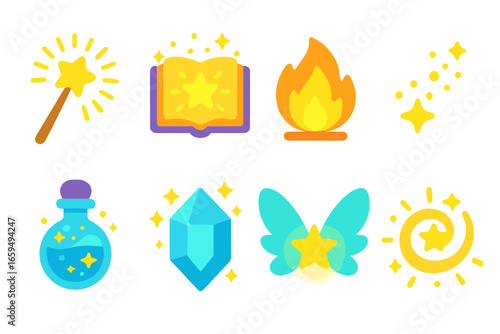 Magical Icon Collection. Flat vector mini-illustrations bright magic in colors children's illustrations: glowing wand, light
