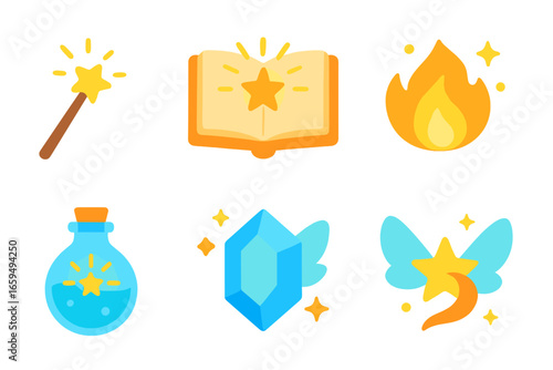 Magical Icon Collection. Flat vector mini-illustrations bright magic in colors children's illustrations: glowing wand, light