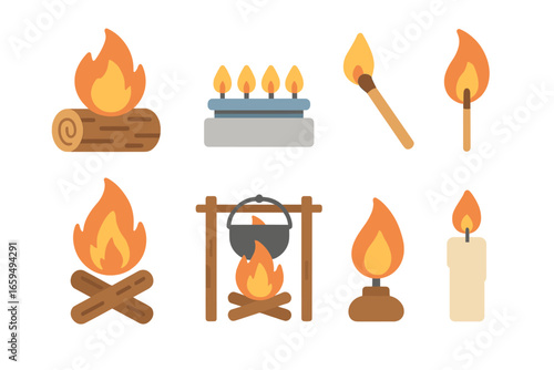Colorful Combustion Icons. Flat vector mini-illustrations combustion process in colors children's illustrations: burning log, gas