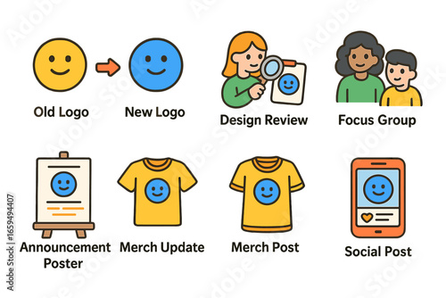 Colorful Branding Icons. Flat vector mini-illustrations Rebranding efforts in colors children's illustrations: old logo, new logo,