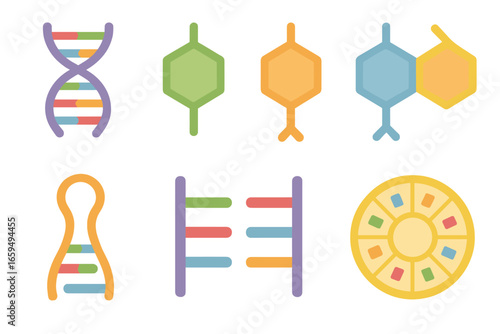 Colorful DNA Base Icons. Flat vector mini-illustrations bases in biology in colors children's illustrations: DNA base pairs,