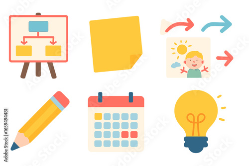 Colorful Chapter Icons. Flat vector mini-illustrations outlining book chapters in colors children's illustrations: flowchart board