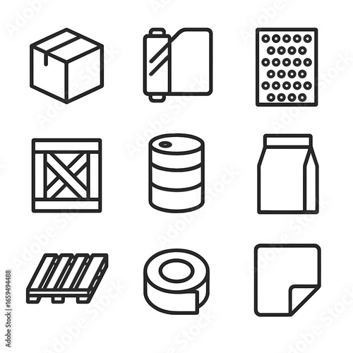 Material Packaging Icons. Outline icon set of material packaging: cardboard box, plastic wrap, bubble wrap, wooden crate, metal