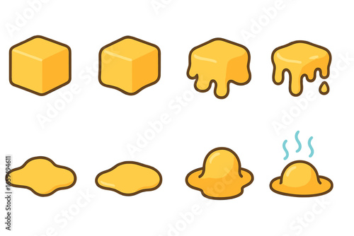 Melting States Icons. Flat vector mini-illustrations melting states in colors children's illustrations: solid block, softening,