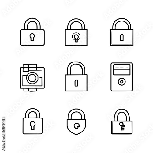 Lock security safety privacy protection access secure key padlock safeguard system camera device outline icon