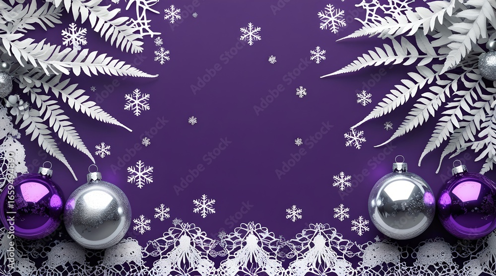 Fototapeta premium Winter new year elegant frame with christmas silver ornaments on purple background.