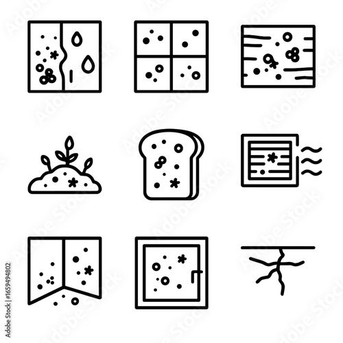 Mold Growth Icons. Outline icon set of mold growth environments: damp wall, bathroom tile, wooden surface, soil patch, food slice,