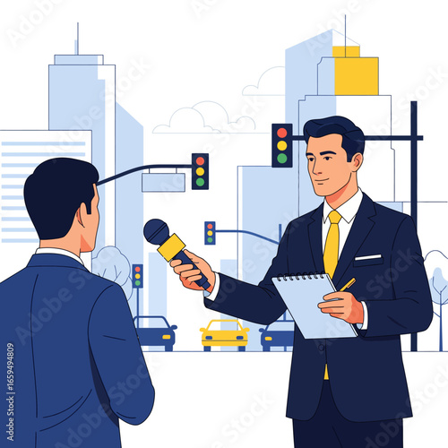 Journalist conducting a street interview with a businessman in a city setting.