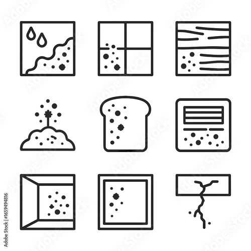 Mold Growth Icons. Outline icon set of mold growth environments: damp wall, bathroom tile, wooden surface, soil patch, food slice,