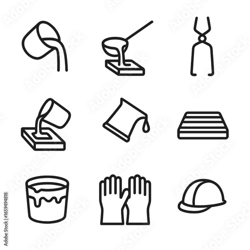 Molten Tools Icons. Outline icon set of molten tools: crucible, ladle, furnace tongs, mold, pouring spout, cooling tray, smelting