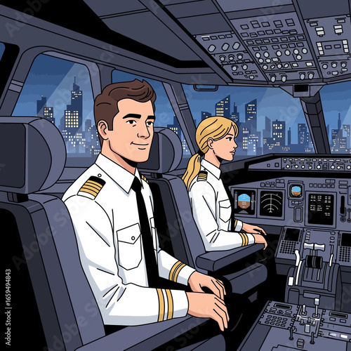 Pilot and copilot in cockpit, nighttime city view.