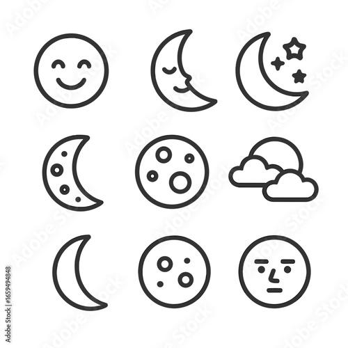 Moon Phases Icons. Outline icon set of moon phases for kids: smiling moon, sleepy moon, moon with stars, cartoon moon, moon and