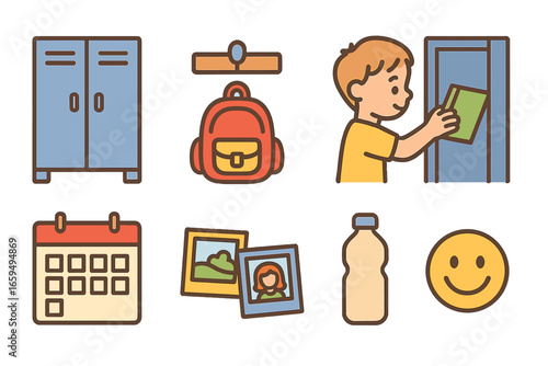Colorful Locker Icons. Flat vector mini-illustrations locker organization in colors children's illustrations: school locker, coat