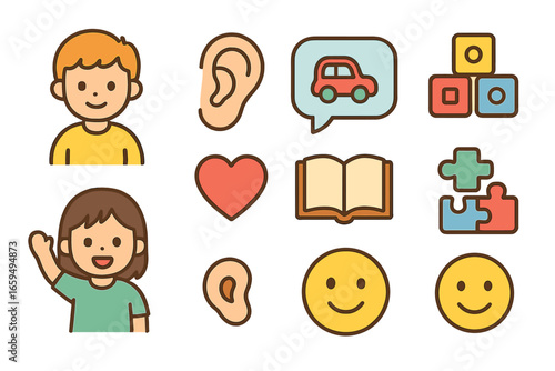 Colorful Listening Illustrations. Flat vector mini-illustrations listening to children in colors children's illustrations: child
