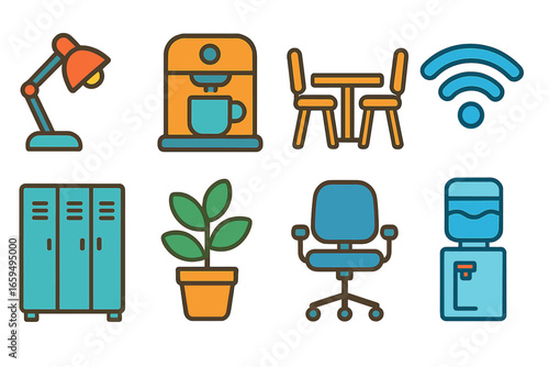 Colorful Office Icons. Flat vector mini-illustrations Co working space amenities in colors children's illustrations: desk lamp,