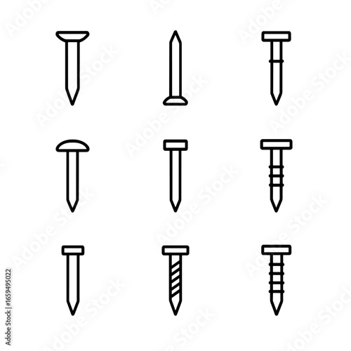 Nail Types Icon Set. Outline icon set of nail types: common nail, finishing nail, brad nail, roofing nail, masonry nail, duplex