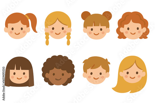 Colorful Hair Icons. Flat vector mini-illustrations hair styles in colors children's illustrations: ponytail, braids, buns, curls,