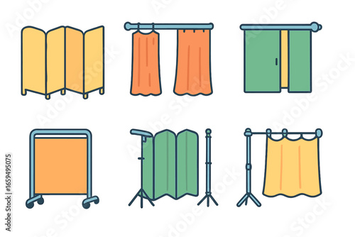 Colorful Room Dividers. Flat vector mini-illustrations Portable room dividers in colors children’s illustrations: folding screen,