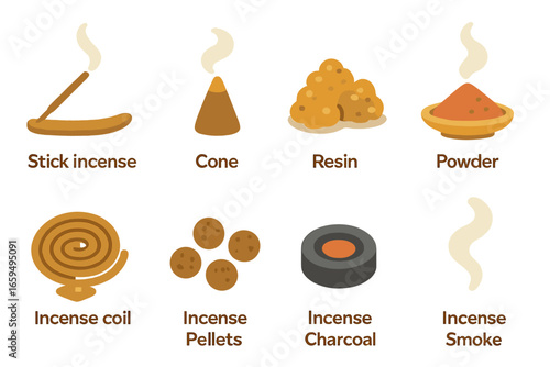 Colorful Incense Icons. Flat vector mini-illustrations incense types in colors children's illustrations: stick incense, cone