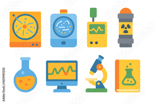 Neutron Research Tools. Flat vector mini-illustrations neutron research tools in colors children's illustrations: particle