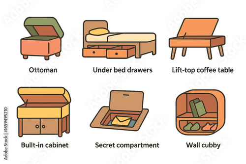 Colorful Storage Icons. Flat vector mini-illustrations Hidden storage solutions in colors children’s illustrations: ottoman with