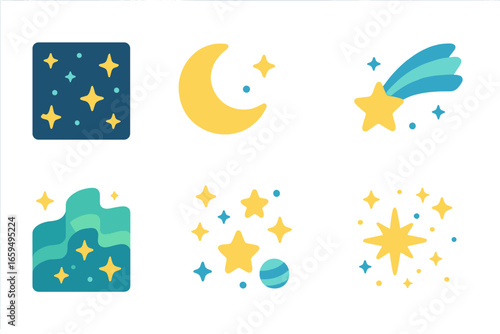 Night Sky Wonders. Flat vector mini-illustrations night sparkles in colors children's illustrations: starry sky, moonlight spark,