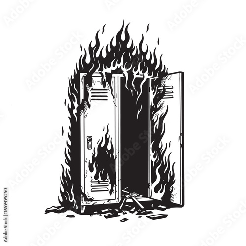 A burning school locker depicting symbolic destruction and uncontrolled flames in illustration
