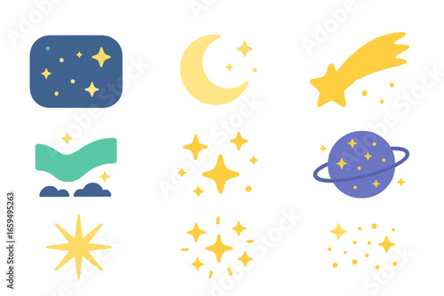 Night Sky Wonders. Flat vector mini-illustrations night sparkles in colors children's illustrations: starry sky, moonlight spark,