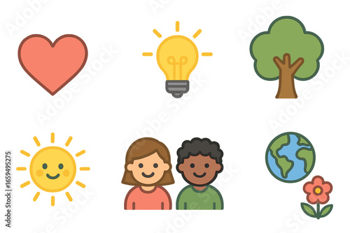 Colorful Icons of Joy. Flat vector mini-illustrations moral tales in colors children's illustrations: heart, handshake, light bulb