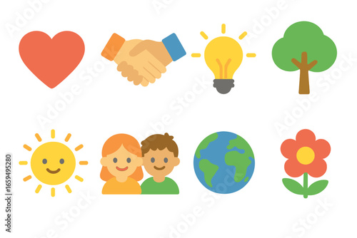 Colorful Icons of Joy. Flat vector mini-illustrations moral tales in colors children's illustrations: heart, handshake, light bulb
