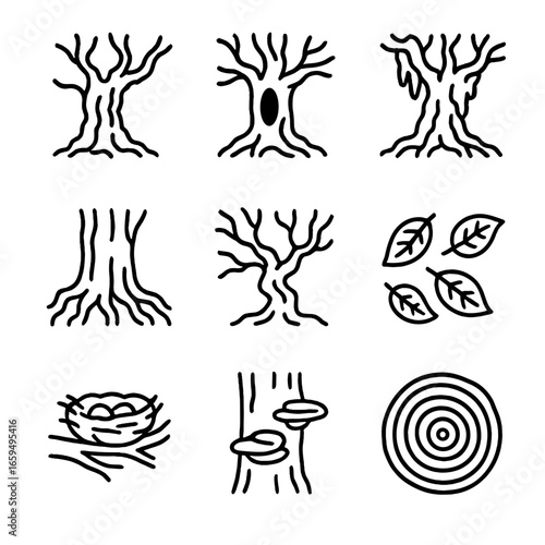 Old Tree Icons. Outline icon set of old tree: gnarled trunk, hollow tree, moss-covered bark, large roots, twisted branches, fallen