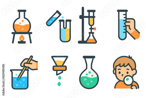 Colorful Lab Icons. Flat vector mini-illustrations lab experiments in colors children's illustrations: heating flask, mixing
